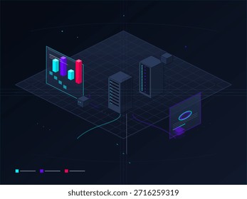 Una vista isométrica de una red digital con servidores, gráficos de datos y Elementos geométricos abstractos, que representan la tecnología y el análisis de datos.