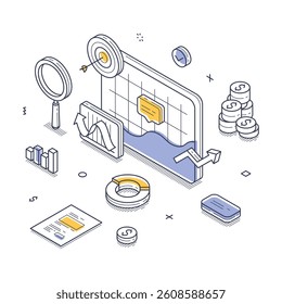 Isometric view of a digital workspace with various elements representing business analytics including charts, graphs, and money symbols. Vector line illustration