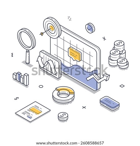 Isometric view of a digital workspace with various elements representing business analytics including charts, graphs, and money symbols. Vector line illustration