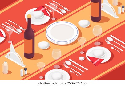 Vista isométrica de una mesa de comedor con utensilios y botellas de vino. Ilustración vectorial