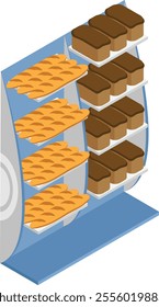 Isometric view of a display stand showing shelves full of freshly baked loaves of bread and cakes, representing a bakery, food market, or grocery store