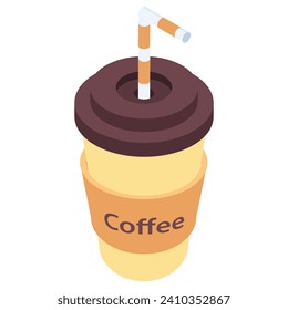 Vista isométrica de un icono de taza de café desechable.