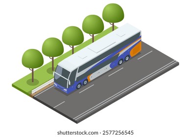 An isometric view of a double-decker bus in multiple perspectives, showcasing its vibrant yellow and purple design. Suitable for tourism and long routes. Travel vacation tourism tour public route