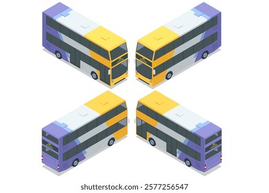 An isometric view of a double-decker bus in multiple perspectives, showcasing its vibrant yellow and purple design. Suitable for tourism and long routes. Travel vacation tourism tour public route