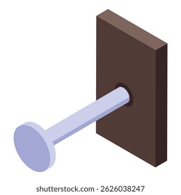 Isometric view of a dowel entering a wooden board, illustrating a key step in furniture assembly or other woodworking projects