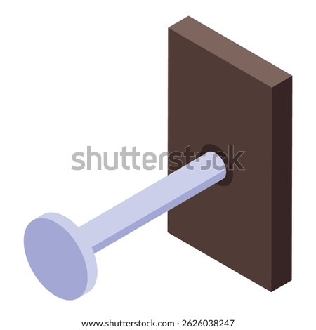 Isometric view of a dowel entering a wooden board, illustrating a key step in furniture assembly or other woodworking projects