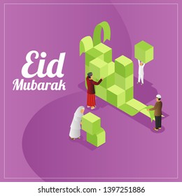 Vista isométrica de la tarjeta de felicitaciones de Eid Mubarak