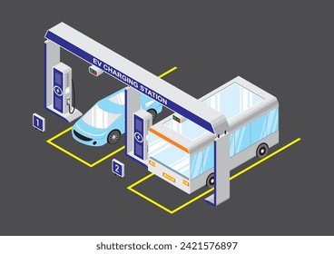 Isometric view of electric bus and car on the EV charging station for refueling the battery power.