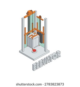 Isometric view of an elevator mechanism with structural frame and red button on white background