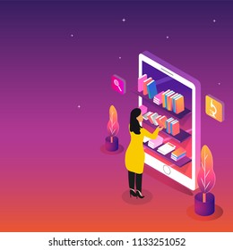 Vista isométrica de E-Library o Biblioteca en línea en smartphone con personaje de señora administran la biblioteca para concepto de educación o aprendizaje.
