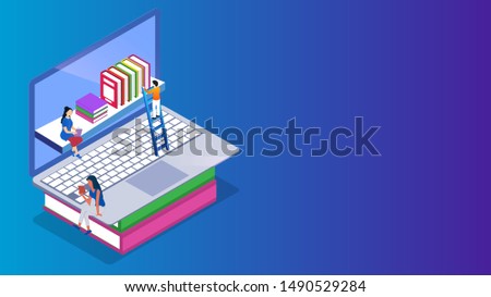 Isometric view of E-Library or Online Library in laptop, man manage the library with ladies reading the book for education or learning concept.
