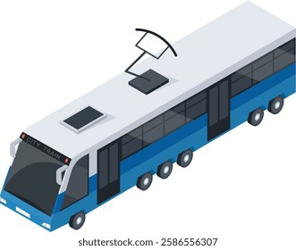 Isometric view featuring a modern electric city train navigating through an urban landscape, emphasizing the importance of sustainable public transportation in metropolitan areas