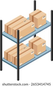Isometric view featuring warehouse shelves filled with cardboard boxes, illustrating concepts of storage, logistics, inventory management, and distribution processes within the supply chain
