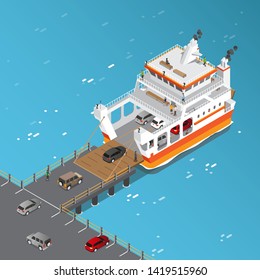 Isometric View Of Ferry Ship Loading Vehicles