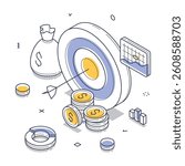 Isometric view of financial target. It features a target with an arrow, coin stacks, a money bag, and a chart, symbolizing investment strategy and economic success. Vector line illustration