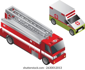Isometric View of Fire Truck and Ambulance
