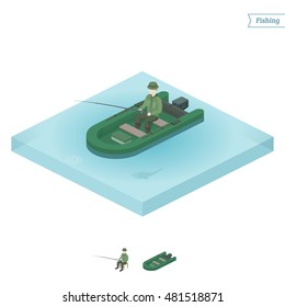 Isometric view. Fisherman on a boat reeling in a fish + object isolated on white background. Vector illustration.