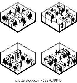 An isometric view of four office cubicles showing people working at computers and walking around.