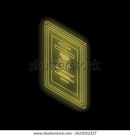 Isometric view of a framed document glowing neon yellow on black background, representing online forms, contracts, or digital certificates