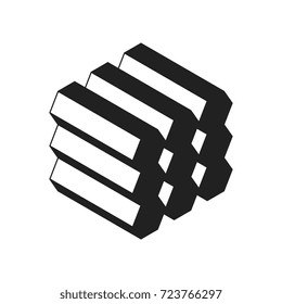 Isometric view of geometric shapes. Hexagonal cylinders stacked in a block