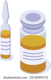 Isometric view of a glass ampoule and a small medicine bottle containing a yellow liquid, possibly representing a newly discovered vaccine or treatment for a disease