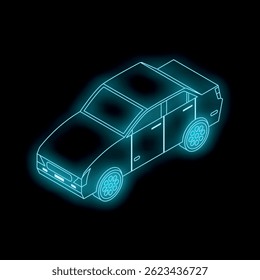Vue isométrique du contour bleu fluo scintillant de la berline moderne, représentant l'industrie automobile, l'innovation et la technologie