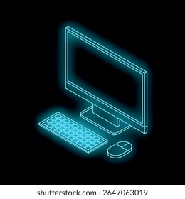 Isometric view of a glowing blue neon desktop computer, keyboard, and mouse, creating a futuristic technology concept