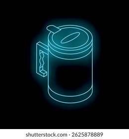 Isometric view of a glowing blue travel mug with a handle and lid, radiating a futuristic vibe on a dark background