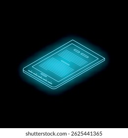 Visualização isométrica de um leitor de ebook brilhante exibindo texto em um fundo escuro, representando leitura digital e tecnologia