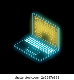 Vista isométrica do laptop brilhante exibindo o site com efeito de luz de néon no fundo escuro