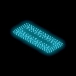 Isometric view of glowing neon blue ram memory module on black background, representing computer hardware and technology
