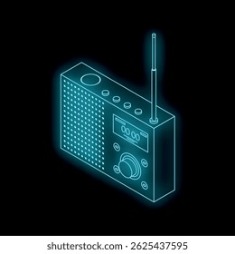 Isometric view of a glowing neon blue radio on a black background, representing broadcasting and music