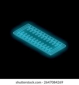 Visualização isométrica do módulo de memória de ram azul néon brilhante no plano de fundo preto, representando hardware e tecnologia de computador