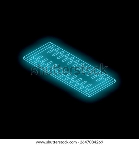 Isometric view of glowing neon blue ram memory module on black background, representing computer hardware and technology
