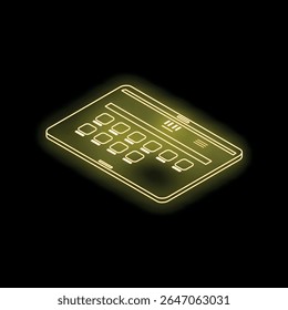Isometric view of a glowing neon tablet displaying a website interface, representing modern technology and web design