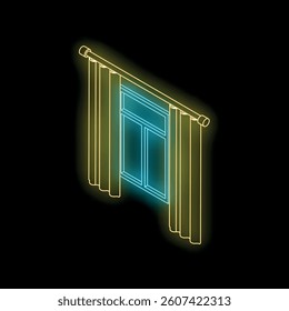 Isometric view of glowing neon window with curtains, creating a modern and stylish atmosphere
