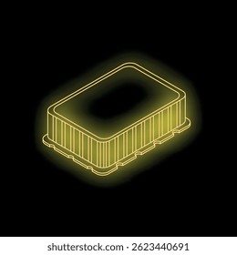 Isometric view of a glowing neon yellow food container, ideal for food delivery or takeaway services