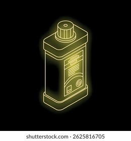 Isometric view of a glowing neon yellow detergent bottle radiating light against a dark background, creating a striking visual