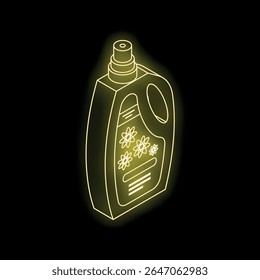 Isometric view of glowing neon yellow laundry detergent container with floral label, suggesting cleanliness and freshness