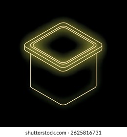 Isometric view of a glowing yellow neon food container, ideal for food delivery or takeaway services