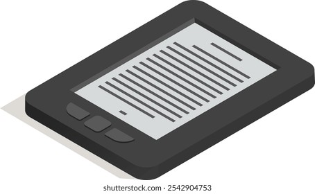 Isometric view of a gray ebook reader displaying lines of digital text on its screen, with navigation buttons visible, set against a clean white backdrop