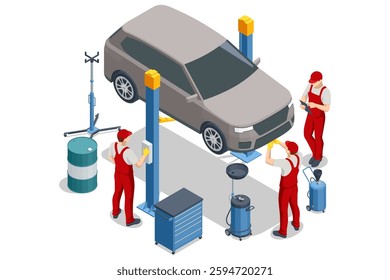 Isometric view of a gray SUV on a two-post lift. Three mechanics in red coveralls perform inspections and maintenance with various garage tools nearby.