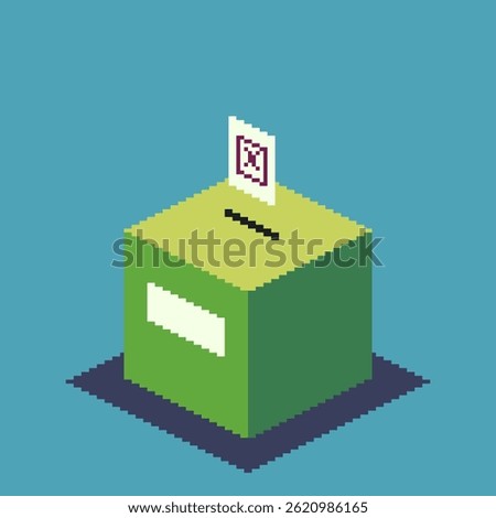 Isometric view Green Election Ballot on Blue Backdrop, Pixel Art Style Illustration