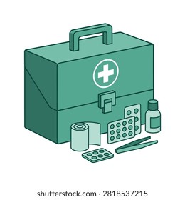 An isometric view of a green first aid kit is presented. It includes various medical supplies like pills and bandages.