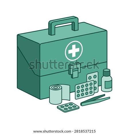 An isometric view of a green first aid kit is presented. It includes various medical supplies like pills and bandages.