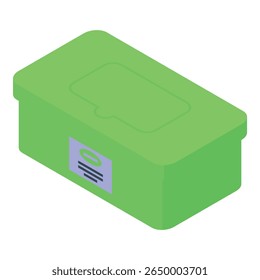 Isometric view of a green wet wipes box featuring a convenient opening and a label, perfect for hygiene and cleaning