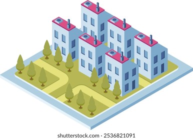 Isometric view of a group of modern residential buildings with green areas, representing urban planning and sustainable living