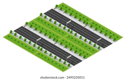 Isometric view of a highway intersection passing through a green countryside with trees and grass