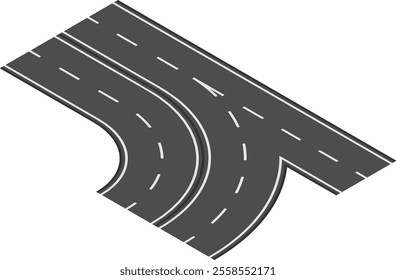 Isometric view of a highway ramp joining traffic flowing on the main road, creating a smooth transition for vehicles entering or exiting the highway