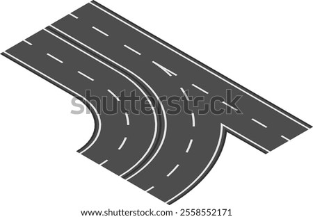 Isometric view of a highway ramp joining traffic flowing on the main road, creating a smooth transition for vehicles entering or exiting the highway